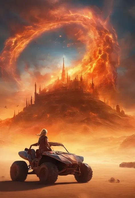 Crazy Max style photo of young woman, Blonde braids, mecha armor, Drive a dune buggy, Desert beach, dust cloud, Abstract beauty, near-perfect, Pure form, intricately details, mushroom cloud, Winner of the Cinematography of the Year, the world on fire, Mili...