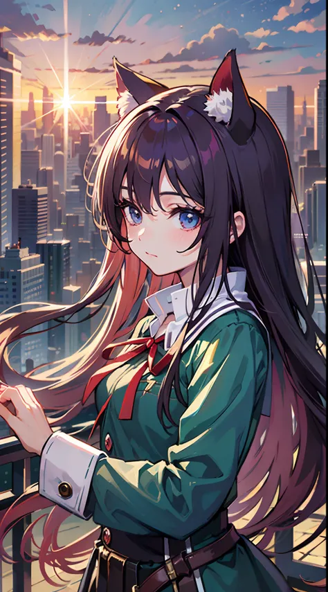 ((Best Quality, 8K)) Anime girl with long hair and cat ears standing in front of the city, Rin Tosaka, anime moe art style, anime style like Fate/stay night, anime girl with long hair, very cute anime girl face, nightcore, from the front line of girls, cut...