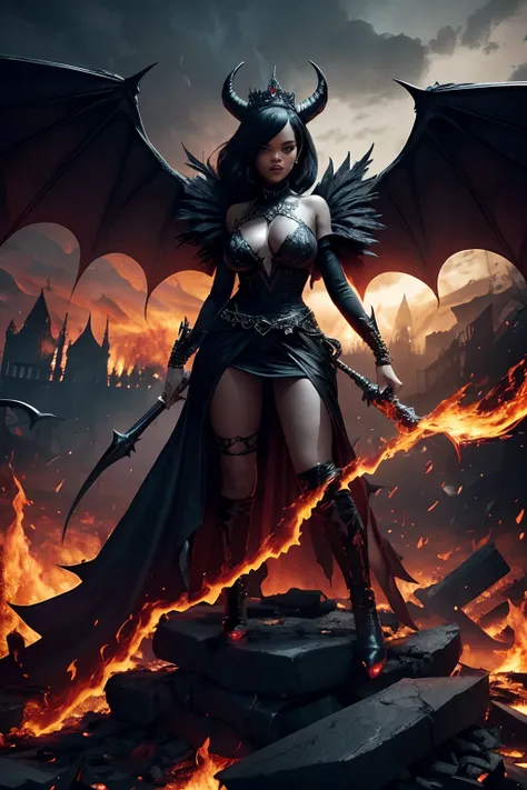 Ultra-detailed Rihanna stands atop a pile of burning ruins, Her diabolical and insidious presence radiating from her dark crown and black and red evil queen dress................................................................. Her demon wings on her back ...