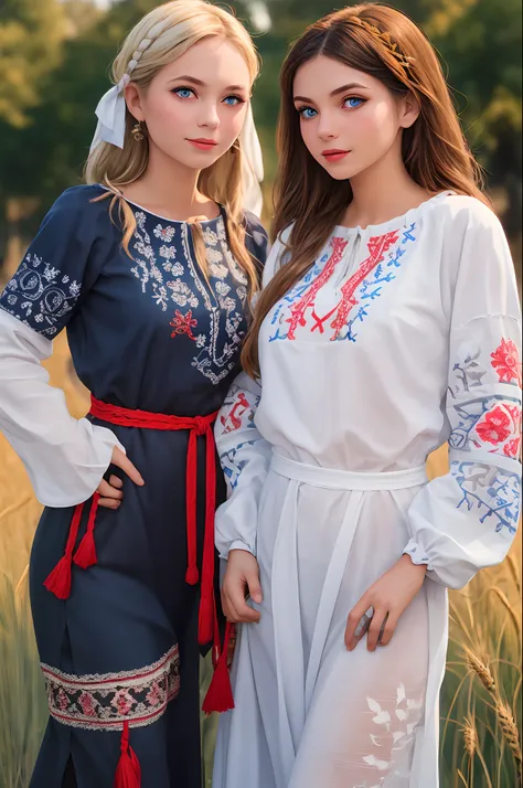 professional photo of  of two girls, embroidery pattern,ailk lace,see-through, russia, red blue yellow, intricate, detailed, det...