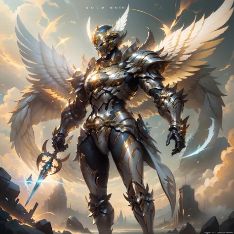 Golden armored angel, Wings made of energy, Metal radius, No face., Mehood, gold, fantasy, Concept Art, ultra realistic, Character art by Greg Rutkowski