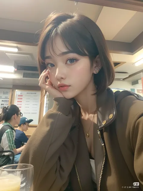 mulher de araffe sentada em uma mesa com um copo de cerveja, Ulzzang, Jinyoung Canela, com cabelos curtos, menina coreana, com franja, Lalisa Manobal, Heonhwa Choe, com cabelo curto com franja, mulher coreana jovem bonita, young adorable korean face, Lee J...