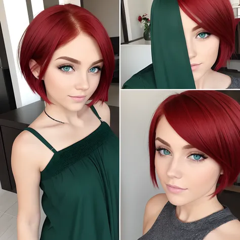 Green eyes, red hair, short hair