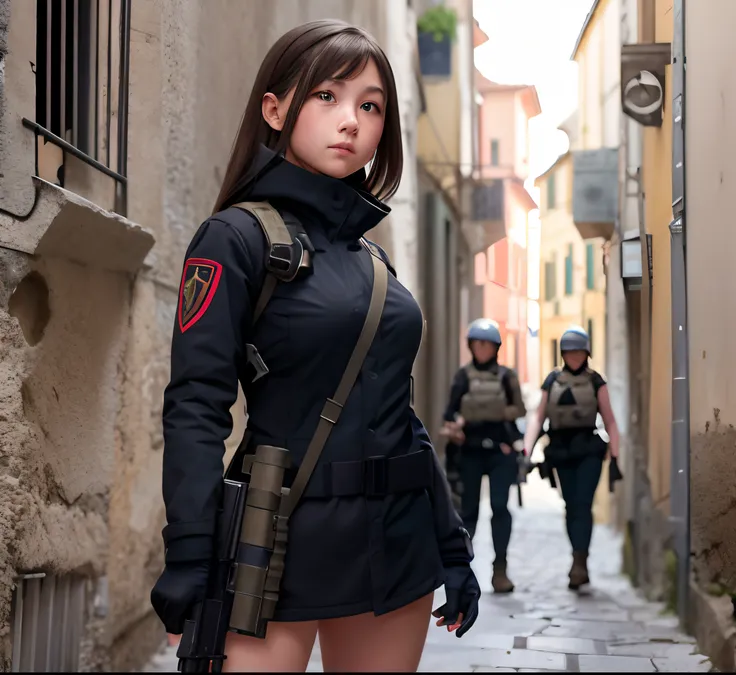 Girl with gun in hand in narrow alley in Italy, girls frontline style, Female protagonist, machine gun fire, With a gun, infantry girl,a baby face,Young Face,Beautiful black eyes,the contours of the face are slightly rounded,Delicate body,skinny thigh,a ju...