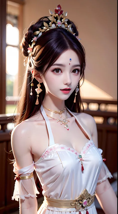 1 young empress wearing red lace top, deep-breasted nightgown, Chinese-style clothes, ancient costumes with many phoenix patterns, flawless white and pink face, crown on her head, black hair hip length, very beautiful and sharp brown eyes, small red lips, ...