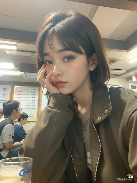 mulher de araffe sentada em uma mesa com um copo de cerveja, Ulzzang, Jinyoung Canela, com cabelos curtos, menina coreana, com franja, Lalisa Manobal, Heonhwa Choe, com cabelo curto com franja, mulher coreana jovem bonita, young adorable korean face, Lee J...