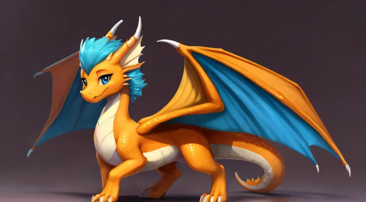 Orange Dragon, The belly is yellow, womans, quadruped, Cute look, with wings, Blue Comb