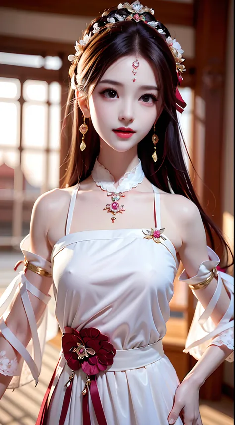 1 young empress wearing red lace top, deep-breasted nightgown, Chinese-style clothes, ancient costumes with many phoenix patterns, flawless white and pink face, crown on her head, black hair hip length, very beautiful and sharp brown eyes, small red lips, ...