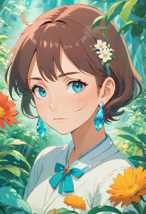 a girl wearing an anime collar, a long necklace and earrings, in the style of tranquil gardenscapes, colorful animation stills, masami teraoka, aquamarine, paul gauguin, Embry style, honest portrayal