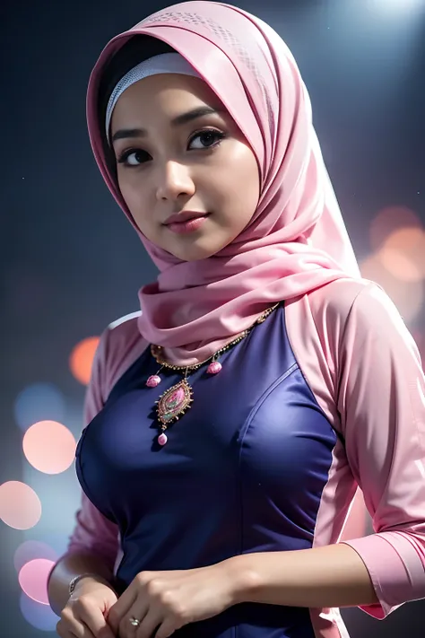 1 malay girl , modern plain hijab,  shy, medium portrait shot , watery  eyes , pink glowing particles, wear kebaya blue long neck, big breast, pink light bokeh background, proportional body,