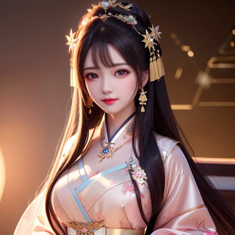 best quality, masterpiece, highres, 1girl,blush,(seductive smile:0.8),star-shaped pupils,china hanfu, princess, very luxury, hair ornament,necklace, jewelry,Beautiful face,upon_body, tyndall effect,photorealistic, dark studio, rim lighting, two tone lighti...