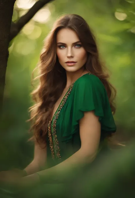 Brown-haired and green-eyed girl in nature