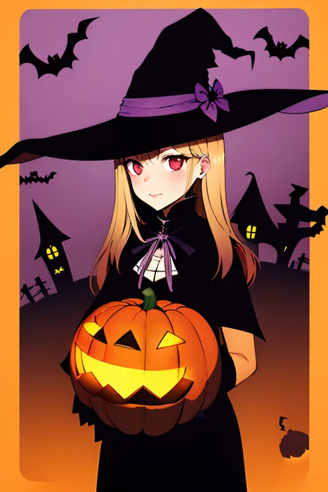 ​masterpiece, top-quality, hight resolution, kitagawa marin, 1girl in, blonde  hair, length hair, O cabelo multicolorido, red eyes, show the grinps, shiny oily skin with high contrast,, Naughty big、(Halloween:1.2)、(witchs hat:1.3)、cowboy  shot