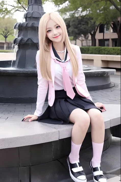 Cute,anime girl, (Pink Huge Eyes), Stylish make-up (Long blonde straight hair), (Sitting on a bench near the fountain), Smiling, Slim,(black and white school uniform)