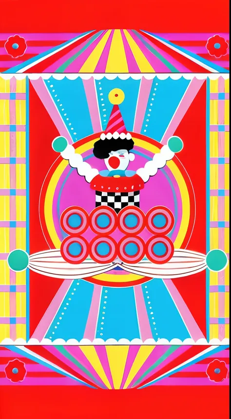 Close-up of clown in clown hat on cake, Bozo the clown. Circus motif, Inspired by Bernd Farsin, colorful illustrations, inspired by Herbert Bayer, circus, Colorful illustration, inspired by Hiroshi Nagai, Inspired by Zodolovsky, inspired by Okuda Gensō, ed...