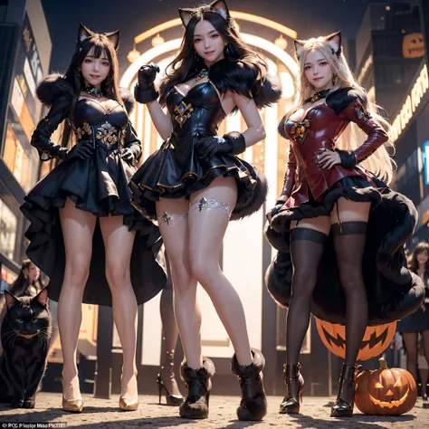 masterpiece, top-quality, top-quality, Beautifully Aesthetic:1.2, ((3girls)), Halloween night, 
((Middle girl is Wearing a high-quality Black Cat costume of fur, gloves of Cat, fur miniskirt):1.2), high detailed, 
((Left girl is Wearing a high-quality Red ...