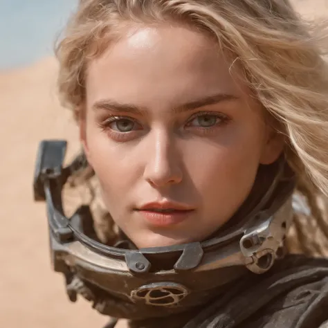 Crazy Max style photo of young woman, Blonde braids, mecha armor, Drive a dune buggy, Desert beach, dust cloud, Abstract beauty, near-perfect, Pure form, intricately details, mushroom cloud, Winner of the Cinematography of the Year, the world on fire, Mili...