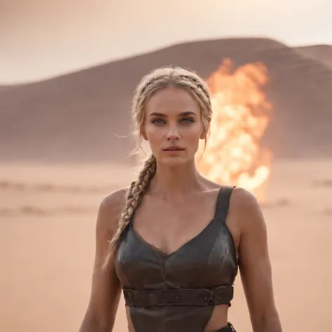 Crazy Max style photo of young woman, Blonde braids, mecha armor, Drive a dune buggy, Desert beach, dust cloud, Abstract beauty, near-perfect, Pure form, intricately details, mushroom cloud, Winner of the Cinematography of the Year, the world on fire, Mili...