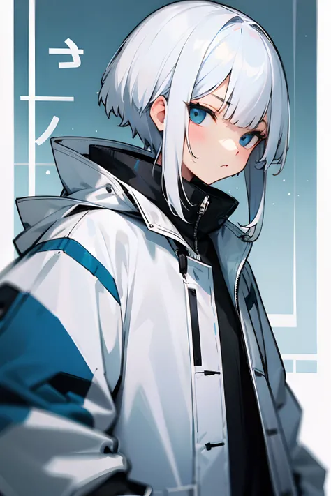 femele、white  hair、short-cut、Straight face、parka、Turning around