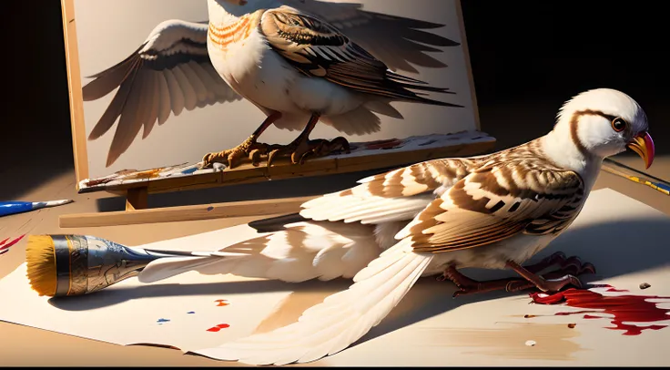 ((Extreme detail)),(Ultra-detailed),(Painting), Chiaroscuro, White background,A thin chick is drawn on the drawing board，Injuries while lying on the ground，There is blood on the wings，There are painted pens and paints around，The bird is in the drawing pape...