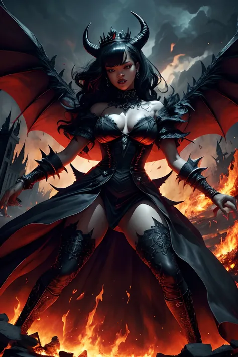 Ultra-detailed Rihanna stands atop a pile of burning ruins, Her diabolical and insidious presence radiating from her dark crown and black and red evil queen dress....................................................................... Her demon wings on her...