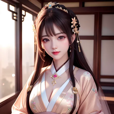 best quality, masterpiece, highres, 1girl,blush,(seductive smile:0.8),star-shaped pupils,sexy china hanfu, princess, very luxury, hair ornament,necklace, jewelry,Beautiful face,upon_body, tyndall effect,photorealistic, dark studio, rim lighting, two tone l...