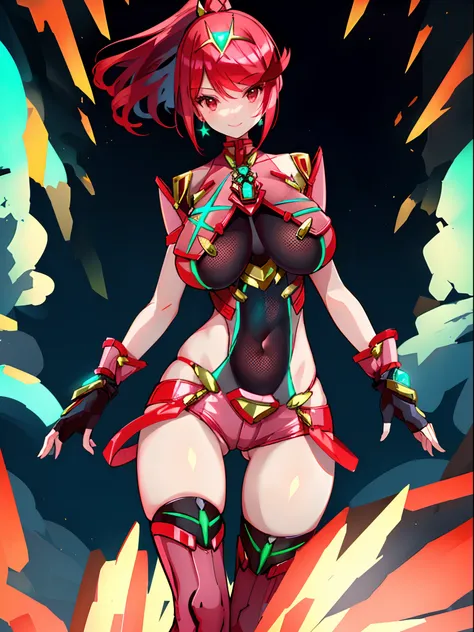 pyra (xenoblade), teen_1girl, loli, bangs, black gloves, breasts, red eyes, shout, earrings, eyelashes, fingerless gloves, floating hair, , gem, gloves, hair ornament, headpiece, jewelry, gigantic_breasts, leaning back, swimsuit, neon trim, official art, p...