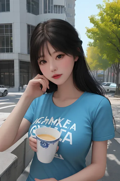 1 17-year- women, super big breasts, (W cup), wearing Blue Chelsea t-shirts clothes, long black hair, doing sexual pose, soft lighting, building fuse, unreal engine, 8k, artistic, art, detailed clothing, 16:9,in park