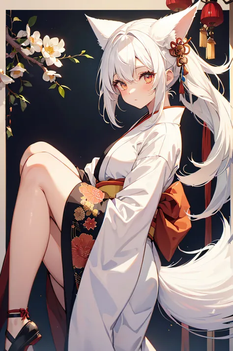 1 girl(white hair,fox snout, fox tails, fox ears), wearing a kimono covering her body