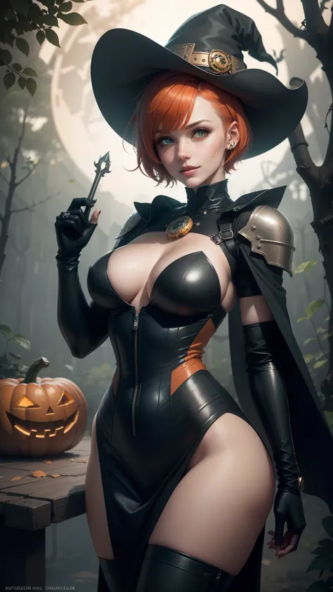 gwen tennyson,tracer,yorha 2b,rebecca chambers,atelier ryza,nier automata,1girl, close up,mecha pilot,halloween forest, orange and red plugsuit,hair pin,pirate corset,silver long sleeve lycra top,steel leggings,short hair,cute makeup, green eyes,golden gra...