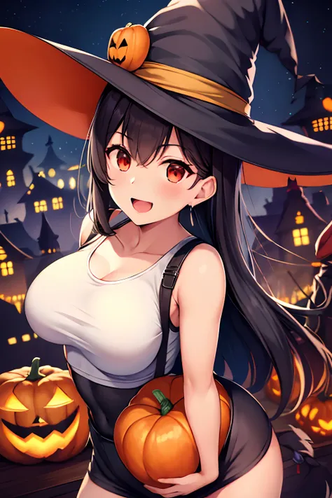 Tifa FF7、1girl in、独奏、looking at the viewers、Smile with open mouth、(white tank tops:1.3)、Look at viewers、(Halloween:1.2)、(witchs hat:1.3)、cowboy  shot