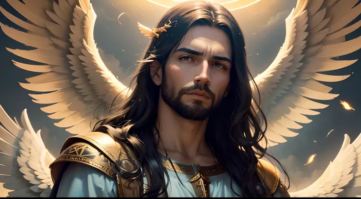 (papel de parede 8k extremamente detalhado), uma pintura realista de Jesus com rosto detalhado e perfeito, with detailed wings amid the clouds in the sky with golden lights, intrincado, alto detalhe, Dramatic