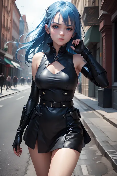 1girl, blue hair, blue eyes, portrait, black dress, combat glove