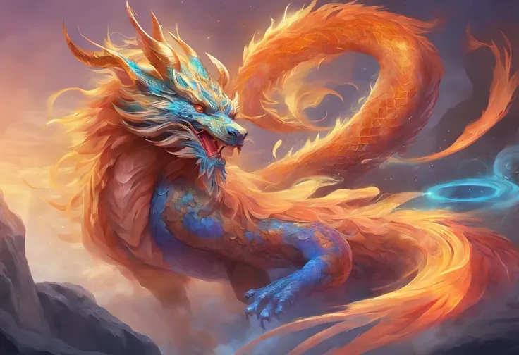 mythological creatures，chinesedragon，Traditional Chinese elements，Ancient murals，Illustrative myths，Fuyao Legend，Dappled light，Hazy haze，mystical aura，tmasterpiece，k hd，Rich in color，Detailed details，Seven colors