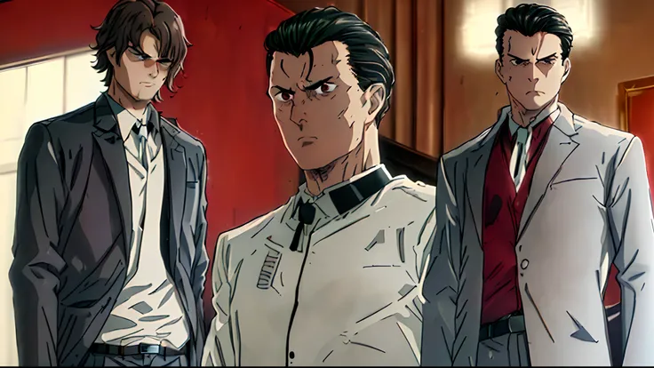 three people, silver suit, red shirt, belt, dark jacket, shaggy hair, dark hair, slicked back hair, serious face, white suit, white tie, hd, highres