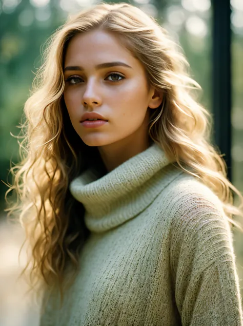 Detailed and realistic portrait of a woman with freckles, Round green eyes, long smooth hair, Shot from the outside, naked body, beautiful big breasts, White Turtleneck, skin texture, Chapped Lips, soft natural lighting, portrait photography, 85 mm lens, m...