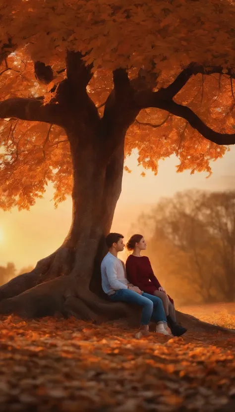 boy and girl sitting under old tree at autumn sunset, boy with short hair, girl with ponytail,