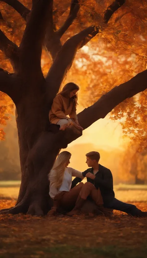 boy and girl sitting under old tree at autumn sunset, boy with short hair, girl with ponytail,