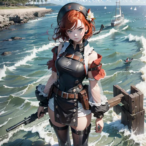 Absurd resolution, high resolution, (masterpiece: 1.4), hyper-detail, open dock weapons testing field by the sea, 1 young woman, short red hair, gunslinger costume, black bowler on head, looking at a phone (1.2) Very serious expression