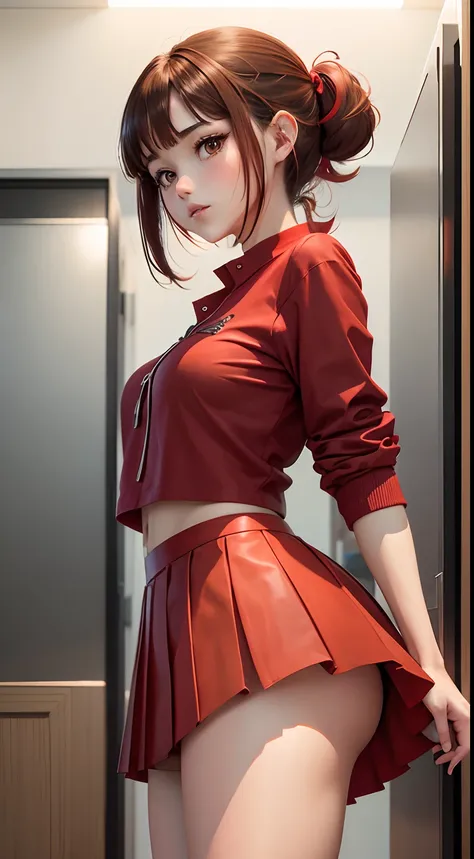 Anime image quality、32years old、Beautuful Women、brown haired、short-hair、poneyTail、Red blouse、Red mini skirt、Red pleated skirt、red knee-high boots、Red panties、FULL BODYSHOT