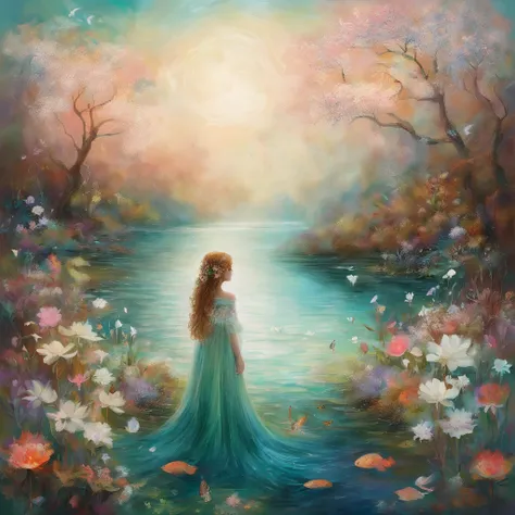 A girl stands on a reef by a lake，Hazy picture，The background is paste and forest，The forest is full of white flowers and leaves