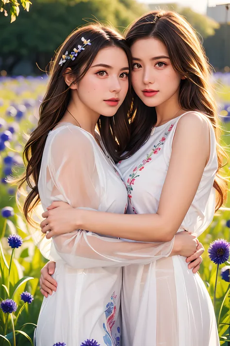 (dynamic pose:1.2),(dynamic camera),photo RAW,((close-up:1.2),portrait of two young_women in see-through dress,leering:1.3,stroking:1.3,Embroidery pattern,belorussin,long blonde wave hair, standing on flowers field, big cornflowers in foreground (bokeh:1.2...