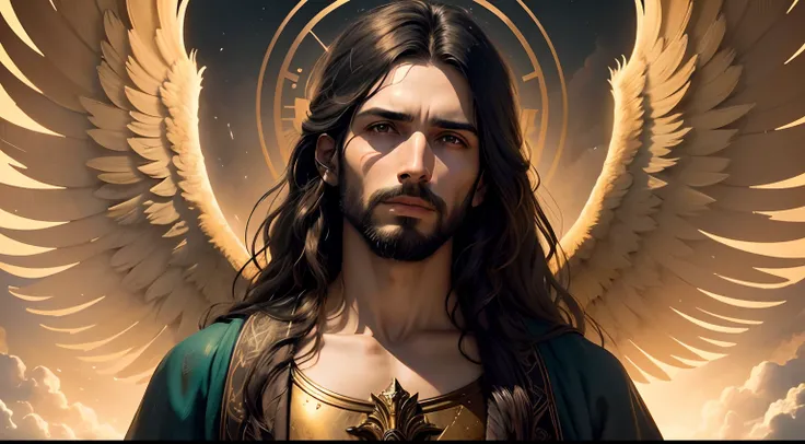 (papel de parede 8k extremamente detalhado), uma pintura realista de Jesus com rosto detalhado e perfeito, with detailed wings amid the clouds in the sky with golden lights, intrincado, alto detalhe, Dramatic