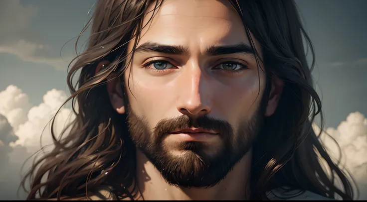 a realistic close-up painting of Jesus amidst the clouds in the sky