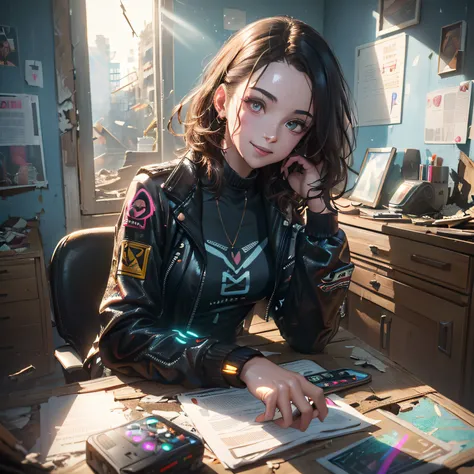 (((High quality))), (((Ultra-detailed))), ((half body Shot)), beauty gamer, gamer computer, phone, computer screen apparent playing cyberpunk 2077 live stream smiling, ((looking distantly)), ((Light is illuminating the head)),, Inside an abandoned house, (...