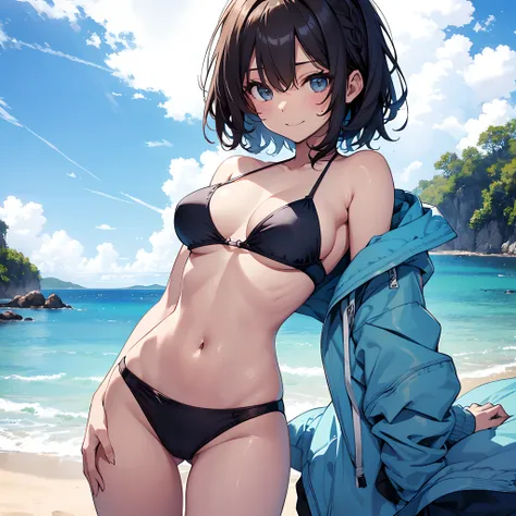 1womanl, Solo, 24 year old, (cute  face), (Ideal body proportions), ((Composition from head to thigh)), Light blue bikini, bikini swimsuit, Drenched hair, The erection, Carmelto, Sexy body, Wet, Smile, short-hair, Dark hair, small tits, slenderness, Small ...