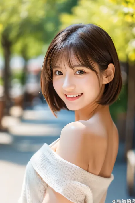 top-quality、ultra-detailliert、​masterpiece、realisitic、Photo Real、one girls、(Cute 17 year old girl、small head)、(kawaii:1.2)、huge smile、(Brown hair、Short bob hair)、eyes are brown、perfect glossy skin、((A slender))、((Perfect body))、model poses、accurate depicti...