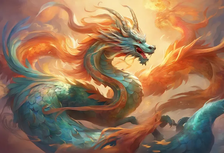 mythological creatures，chinesedragon，Traditional Chinese elements，Ancient murals，Illustrative myths，Fuyao Legend，Dappled light，Hazy haze，mystical aura，tmasterpiece，k hd，Rich in color，Detailed details，Seven colors