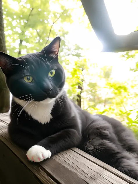 there is a black and white cat sitting on a wooden bench, cat female with a whit and chest, cat photo, taken with sony alpha 9, serious composure, photo of a cat, cat in the forest, looking towards the camera, tuxedo cat, cute cat photo, cute furry needs y...