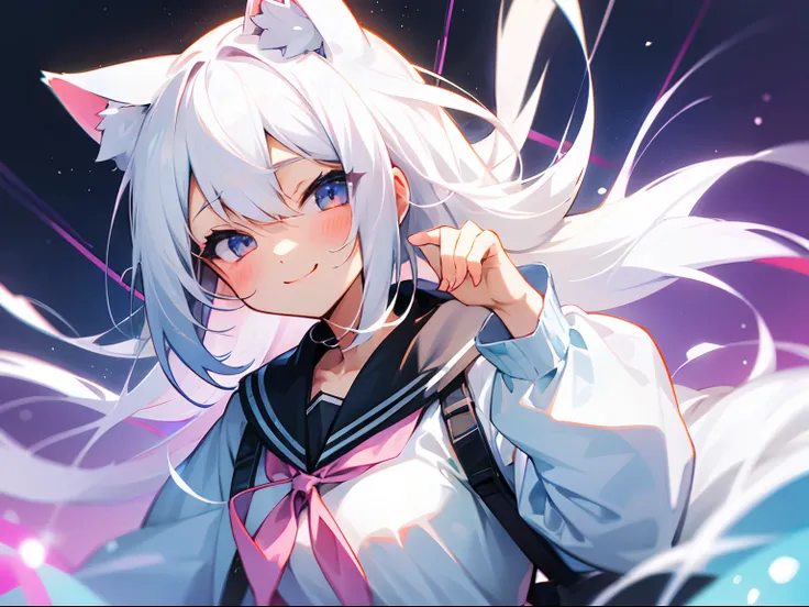 Anime girl, nekomimi, white hair, kawaii, cute smile